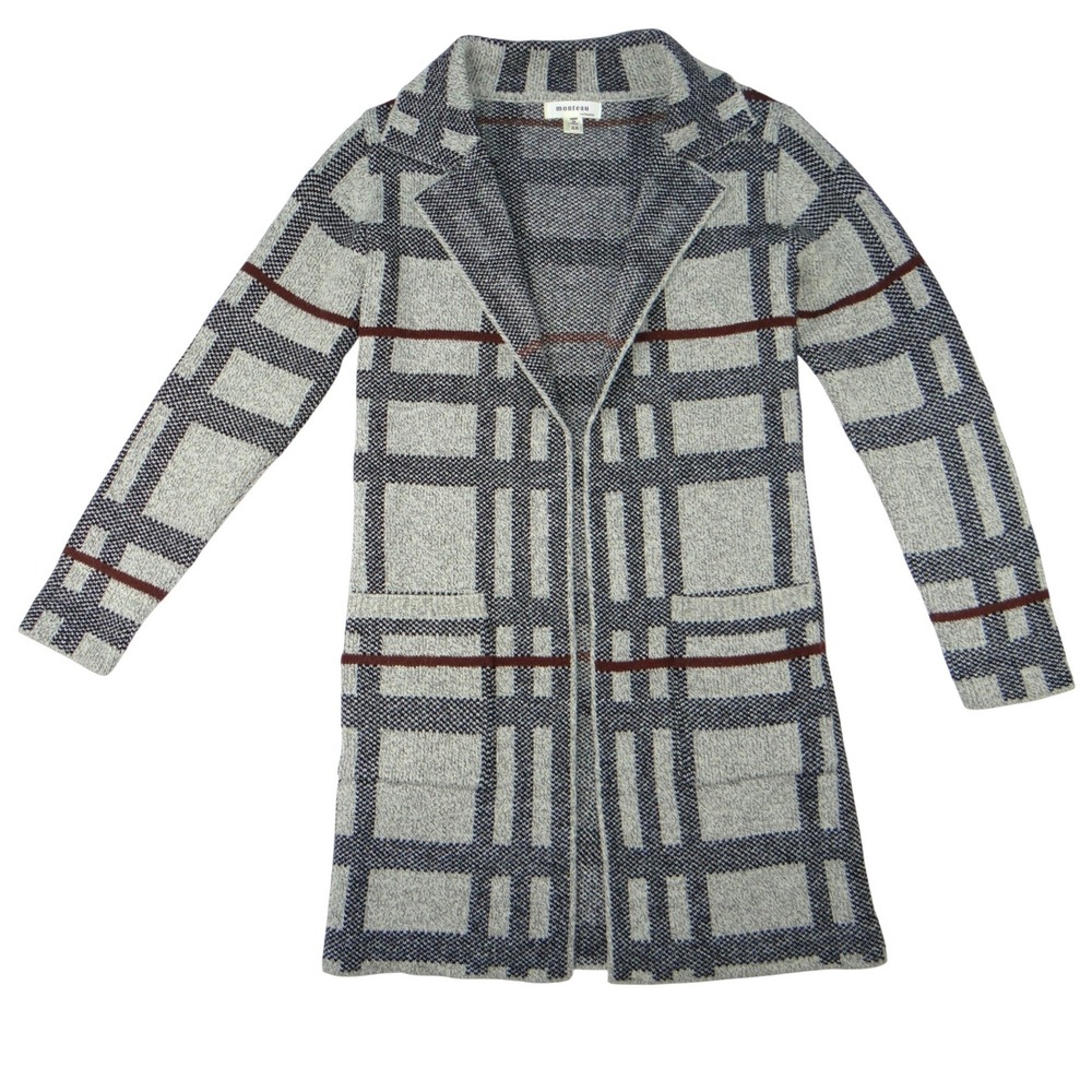 MONTEAU Women's Gray‎ Plaid Open Front Knit Cardigan Sweater XS